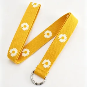 Yellow Daisy Embroidered Canvas Belt Women Double D-Ring Casual Belt Jeans Accessory