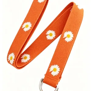 Daisy floral embroidered canvas belt for women with double D-ring buckle main view