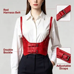 Harnais de taille punk en cuir rouge à bretelles réglables pour femmes à la mode