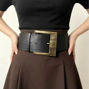 Eleganza cintura rétro larga in pelle nera con fibbia quadrata in ottone anticato.