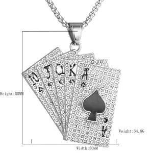 Detail of stainless steel rhinestone poker royal flush pendant with size dimensions.