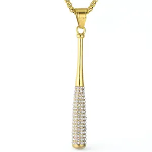 Close-up of hiphop baseball bat pendant necklace with sparkling crystal rhinestones.