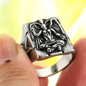 Close-up of retro Baphomet stainless steel signet ring for men with antique finish
