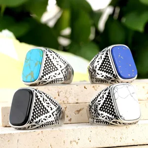 Vintage Roestvrijstalen Zegelring Voor Heren Geometrisch Vierkant Faux Turkoois Lapis Zwarte Onyx Ingelegd Punk Etnische Sieraden
