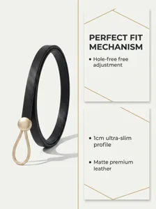 Slim women's PU leather waist belt with minimalist drop buckle for dress and suit.