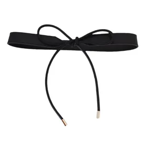 Close-up of black decorative waist belt featuring chic bowknot and metallic tip straps.