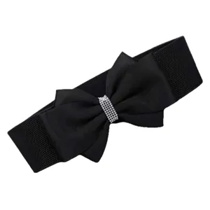 Black elastic waist belt with rhinestone bowknot, stylish dress cincher for women main view.