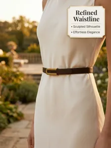 Close-up of a brown thin leather belt with a golden U-shaped buckle on a white dress