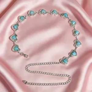 Vintage Ethnic Metal Waist Chain Adjustable Heart Faux Turquoise Belt For Women Boho Exotic Heavy Duty Jewelry Body Chain Accessory
