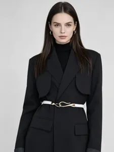 Women white PU thin belt with retro gold alloy buckle stylish elegant commuting accessory