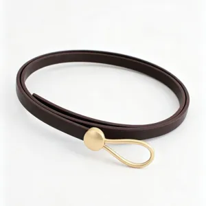Minimalist women's thin PU leather dress belt with elegant gold teardrop metal buckle.