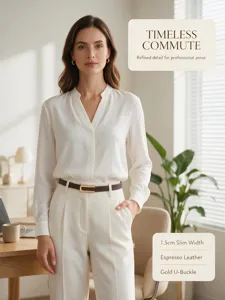 Professional woman wearing an espresso 1.5cm slim leather belt with a gold U-shaped buckle