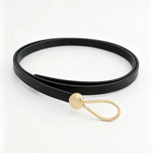 Minimalist women's thin PU leather belt with gold water drop buckle, perfect for dresses.