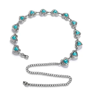 Elegant retro silver-tone metal waist chain featuring heart-shaped turquoise stone links