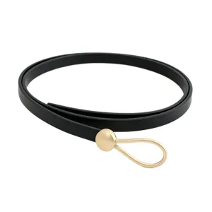Women thin black leather belt with elegant gold water drop hook buckle fashion accessory
