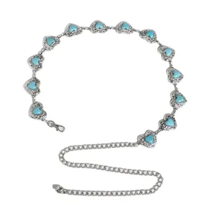 Vintage metal waist chain belt for women featuring heart shaped turquoise stone inlays