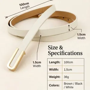Minimalist women's thin PU leather belt with gold U-shaped buckle and size specs