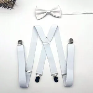 Detail view of men's white suspenders and bow tie set, elastic Y-back suit accessories.