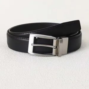 Close-up of a classic men's black leather belt featuring a sleek silver metal pin buckle