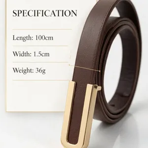 Minimalist brown thin PU belt for women with golden U-shaped alloy buckle.