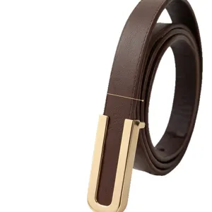 Minimalist women's brown PU leather slim belt with golden U-shaped buckle.