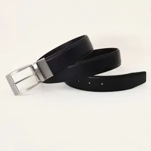 Close-up of a classic black leather belt for men featuring a sleek silver buckle.