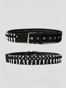 Gothic punk black PU leather belt featuring striking silver metal bullet studs and eyelets.