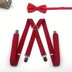 Details of red men elastic Y-back suspenders and matching bow tie set for formal business.