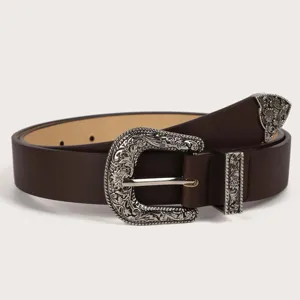 Women's Vintage Retro Carved Alloy Buckle Faux Leather Belt Casual Jeans Fashion Waist Band Daily Accessory