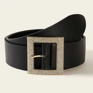 Cinturón Ancho de Cintura para Mujer Moda Hebilla Cuadrada de Strass Cuero PU Vestido Abrigo Cinturón Elástico Decorativo