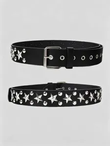 Detailed view of black PU leather gothic punk belt with silver star studs and metal eyelets.