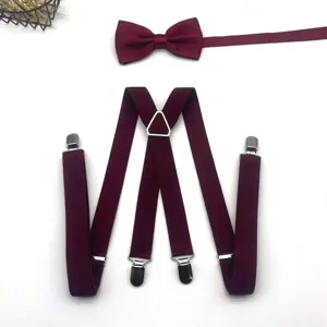 Wine red men's suspender and bow tie set detail view, elastic Y-back trouser straps.