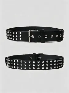 Close-up detail of the black PU leather punk rock rivet belt showing metal studs and buckle.