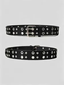 Close-up of black PU leather double grommet belt with star studs and metal buckle.