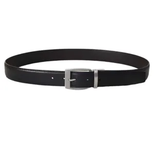 Elegant black leather belt for men featuring a polished silver-tone pin buckle closure