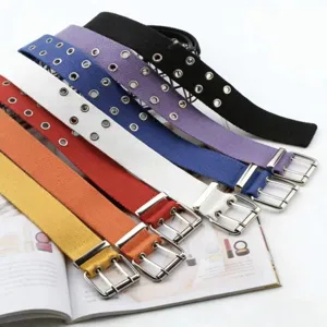 Ceinture en Toile à Double Rangée d'Oeillets Style Punk Street Ceinture en Polyester Durable Avec Boucle à Ardillon en Acier Inoxydable