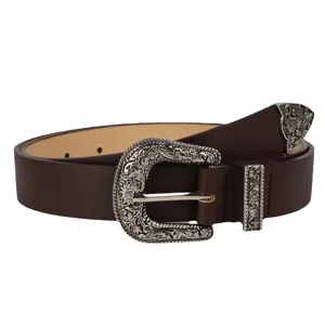 Womens vintage western carved leather belt for jeans fashion accessory main view.