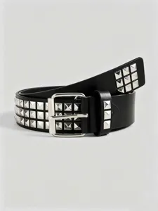 Gothic punk style black PU leather belt with silver square metal pyramid studs detailed view.