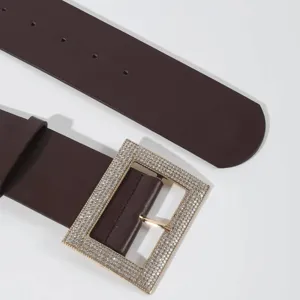 Mujer ancho cinturón diamantes elegante hebilla cristal cuadrada cuero detalle