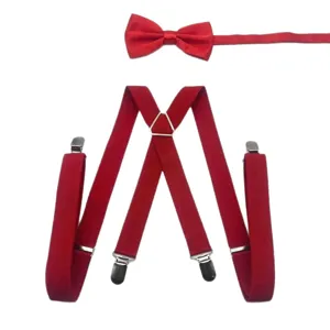 Red men's business formal four-clip suspender and bow tie set, vintage Y-back elastic strap.