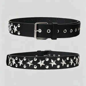 Black PU leather punk rock belt featuring metal star studs and classic silver buckle