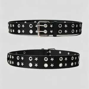 Punk Gothic Black PU Leather Belt with Metal Grommets and Star Studs for Women Men
