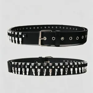 Gothic black PU leather belt with silver bullet metal studs and punk rock style waist accessories.