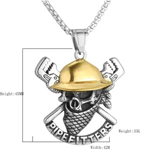 Stainless steel punk skull pipefitter pendant detail view showing 45mm height and 42mm width
