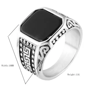 Heren Vintage 316L Roestvrij Stalen Zegelring Met Rechthoekige Zwarte Synthetische Onyx Griekse Sleutel Patroon Goud Zilver Sieraden