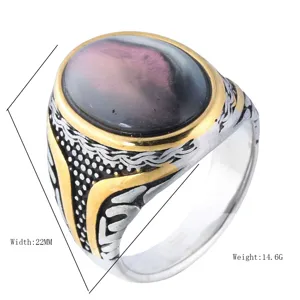 Detail of vintage tiger eye titanium steel ring with 22mm width and 14.6g weight