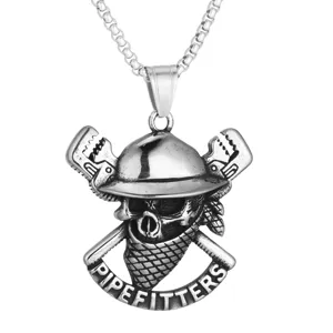 Detailed macro shot of a stainless steel punk skull pipefitters necklace pendant