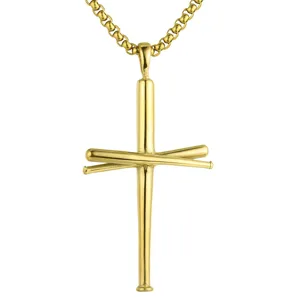 Macro detail of a golden baseball bat cross pendant featuring a thick titanium steel box chain