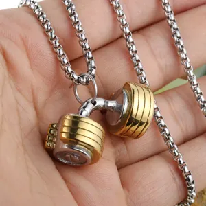 Close-up of a stainless steel dumbbell pendant on a box chain for fitness lovers