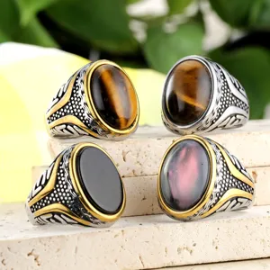 Retro Stainless Steel Rune Ring For Men Vintage Gold Two-Tone Tiger Eye Stone Signet Ring Geometric Agate Ring Punk Gothic Fashion Jewelry